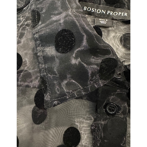 Boston Proper Sheer Black Polka Dot 3/4 Sleeve Button Up Collar Blouse sze Small - Picture 8 of 8